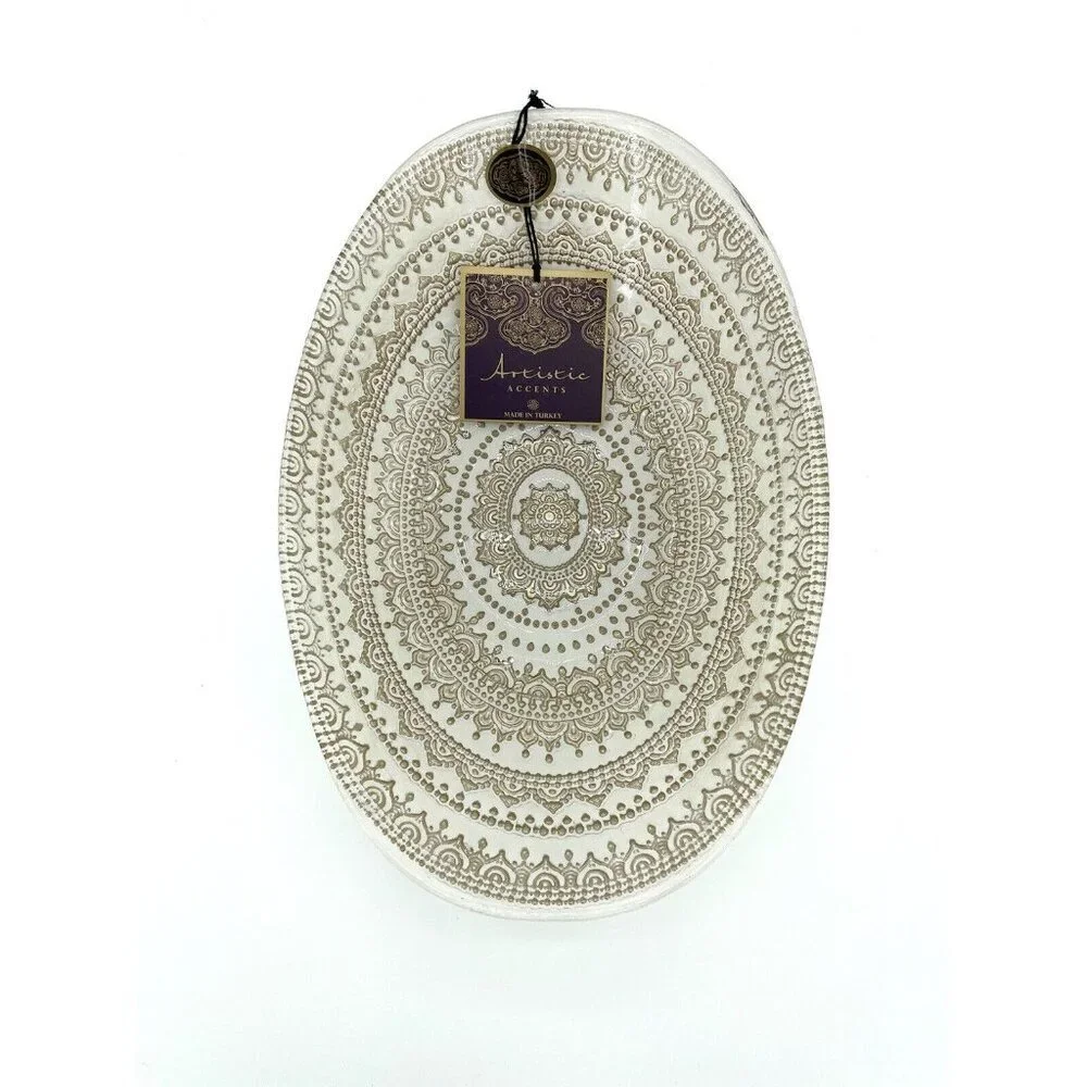 Artistic Accents White Glass Oval Serving Bowl Gold Lace Print Handmade NWT